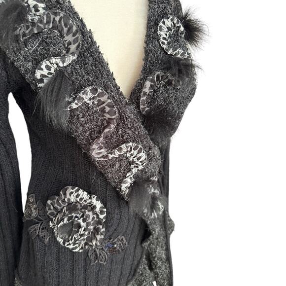 Vintage Y2K Forla Paris Mohair Wool Black Cardigan Steampunk Goth Victorian LRG - Picture 8 of 14